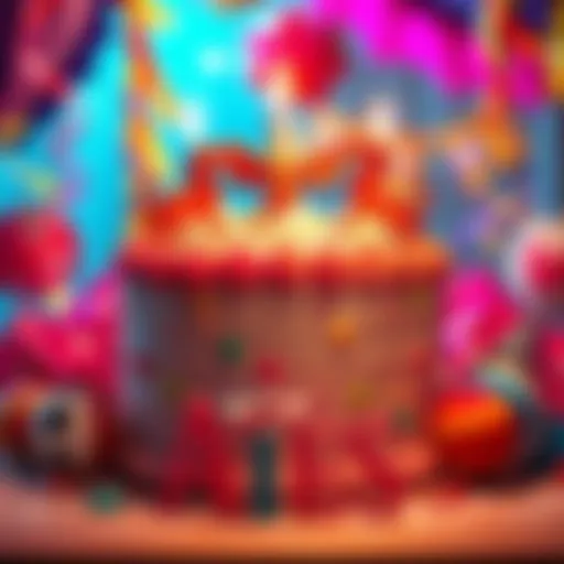 A vibrant cake decorated with Aries symbols, surrounded by colorful party decorations and a cheerful atmosphere, representing a festive celebration.