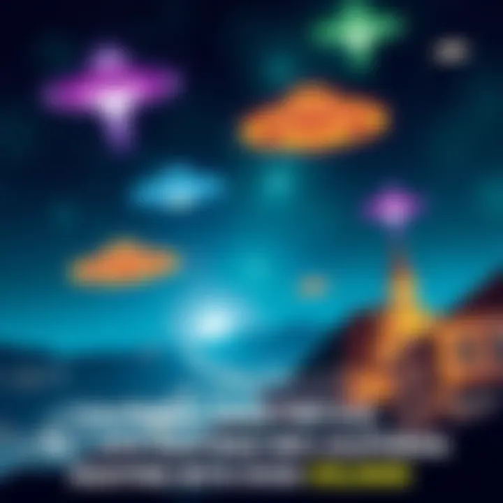 A night sky filled with colorful UFOs over California landmarks