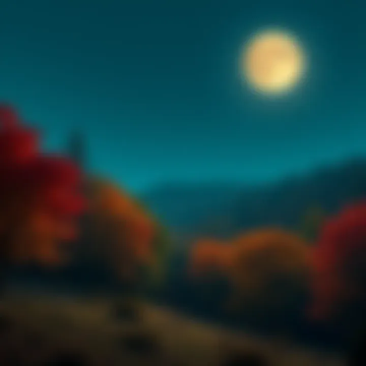 Calm autumn scene with a full moon A serene landscape during October featuring a bright full moon over a peaceful forest, with colorful autumn leaves on the ground, symbolizing the calm before Samhain.