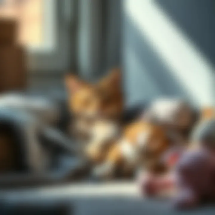 A relaxed cat resting in a cozy corner of a new home, surrounded by comforting objects like a blanket and toys.