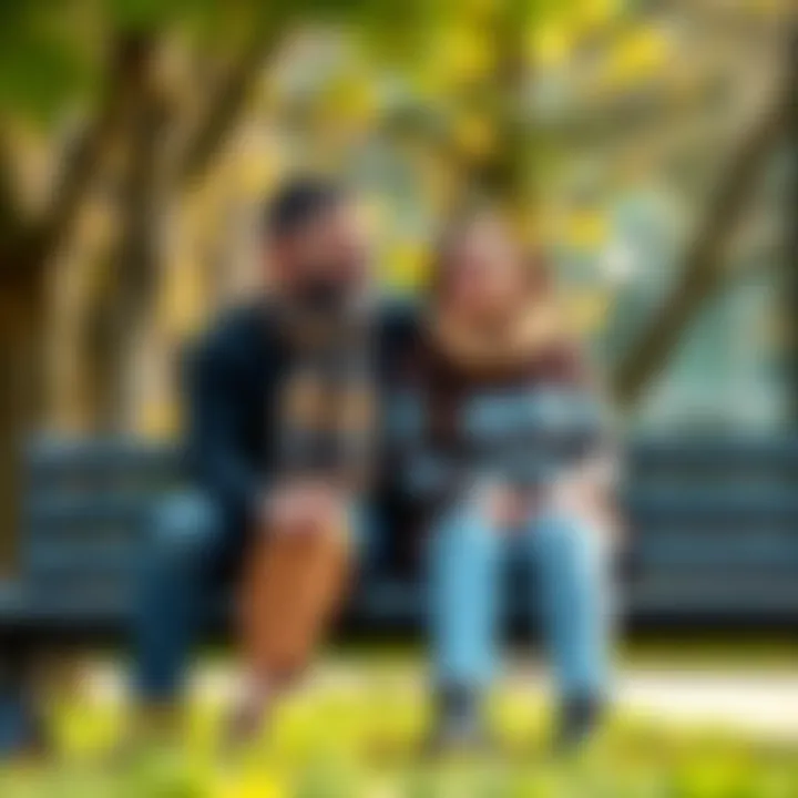 A couple sitting on a park bench, holding hands and smiling peacefully, representing acceptance in love