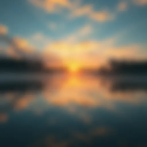 A serene landscape with a peaceful lake surrounded by trees and a soft sunset, symbolizing tranquility amidst chaos.