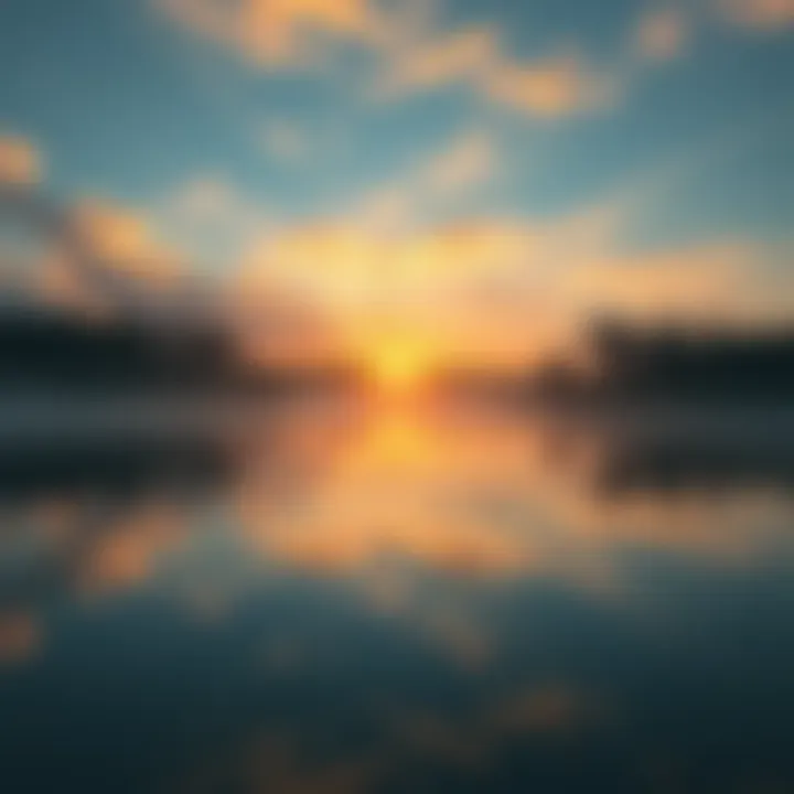 A serene landscape with a peaceful lake surrounded by trees and a soft sunset, symbolizing tranquility amidst chaos.