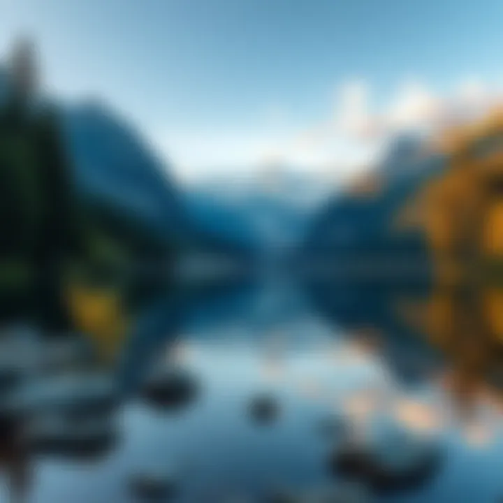 Calm Nature Scene A peaceful nature scene showing a serene lake surrounded by trees and mountains, representing tranquility and reflection.