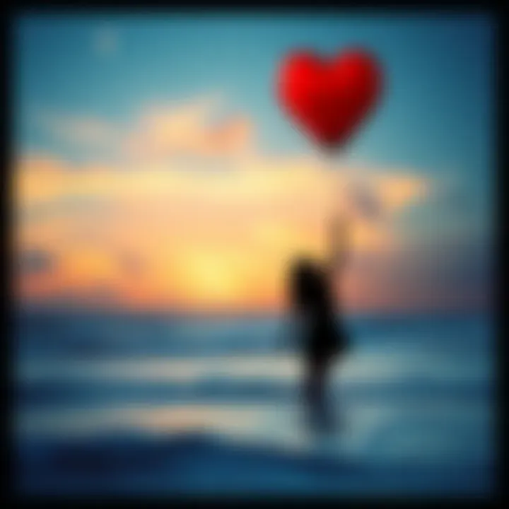 A serene scene with soft clouds and gentle waves symbolizing peace and emotional relief after a relationship ends, with a silhouette of a person letting go of a heart-shaped balloon
