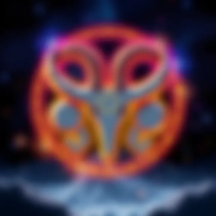 A peaceful Aries symbol with a glowing aura, representing the calm nature of Aries individuals amidst stars and cosmic elements.