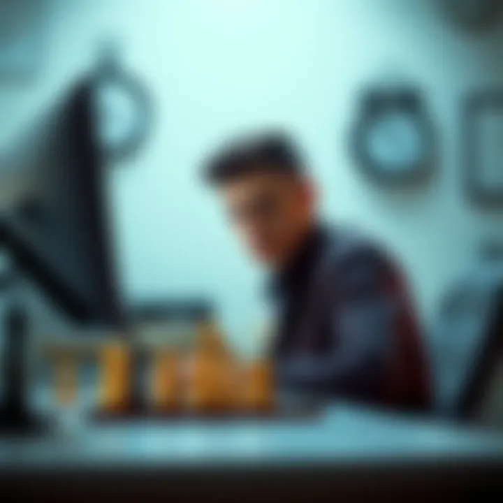 A focused chess player sitting at a computer, looking thoughtfully at the chessboard with a calm expression, while a clock ticks in the background.