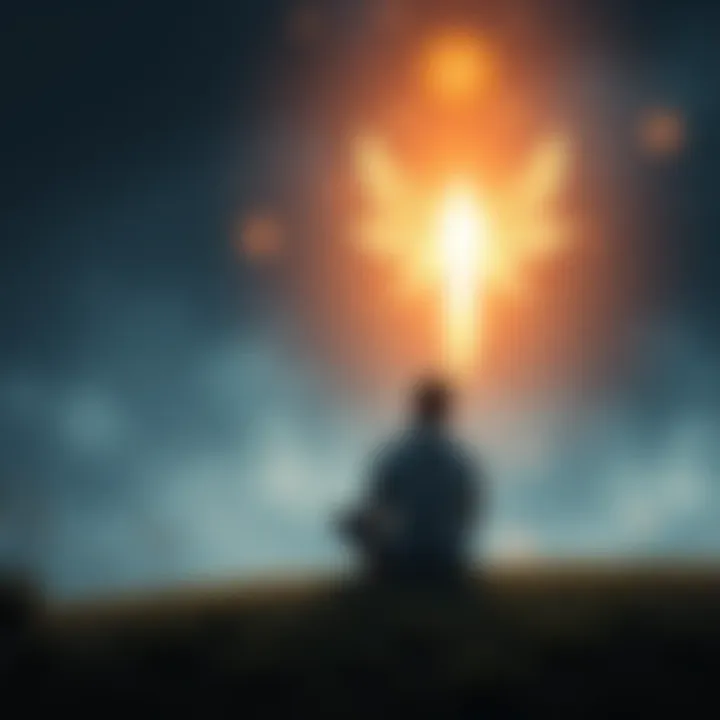 A person sitting peacefully in a serene setting, communicating with a glowing spirit guide, surrounded by soft light and nature.