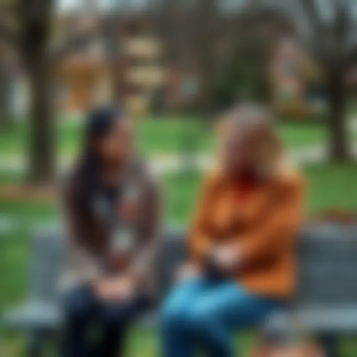 A peaceful scene of two people sitting on a park bench, smiling and talking, representing effective communication with a Pisces partner.