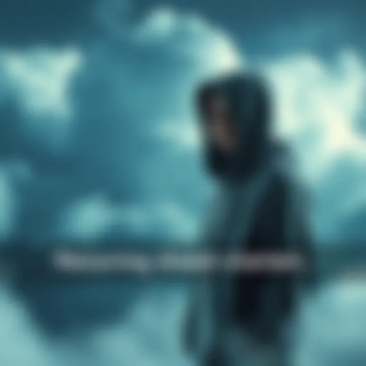 A serene figure wearing a hoodie stands in a dreamlike setting, offering comfort amidst a cloudy background.