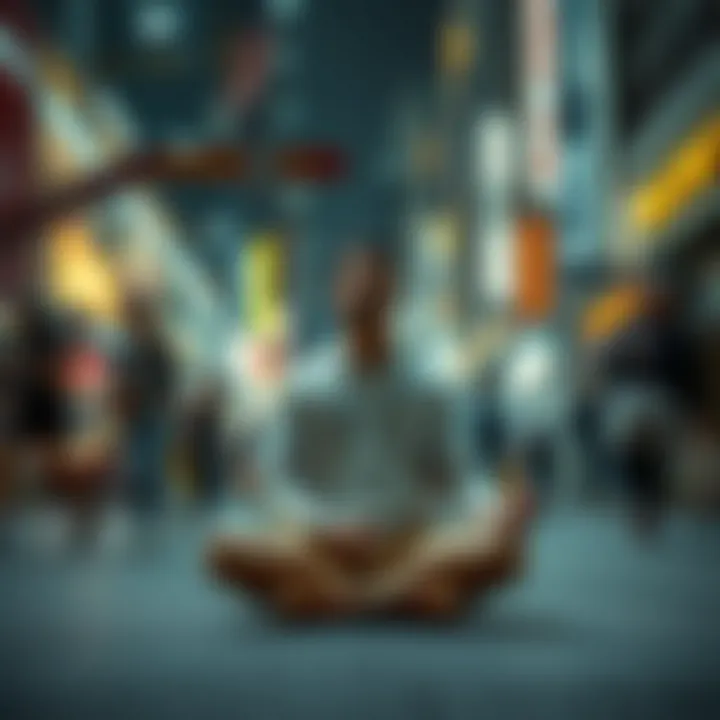 Calm in Chaos A serene figure sitting cross-legged in a busy urban environment, surrounded by rushing people and city noise, symbolizing the search for inner peace amid chaos.
