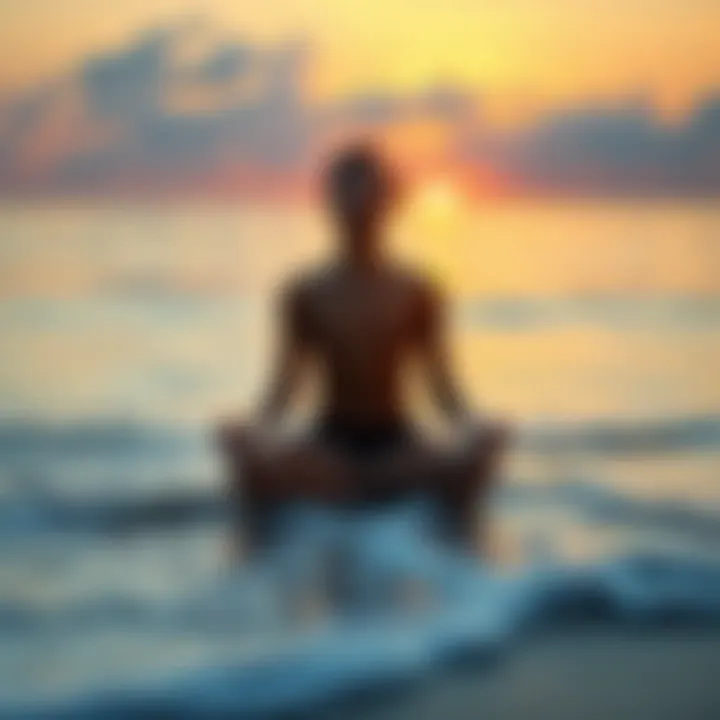 A person sitting cross-legged on a serene beach during sunset, eyes closed, surrounded by gentle waves and soft light, embodying deep meditation and peace.