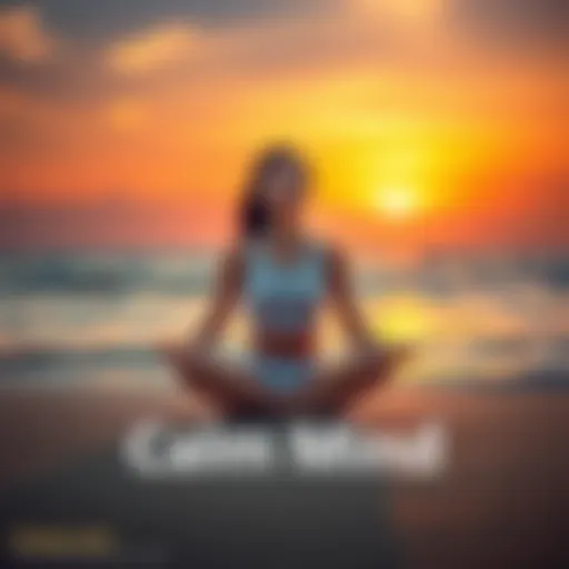 A person sitting cross-legged on a peaceful beach during sunset, with closed eyes and a relaxed posture, embodying serenity and calmness.