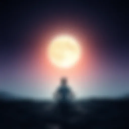 A tranquil scene with a person meditating under a bright full moon, surrounded by soft light and stars, representing peace and mindfulness.