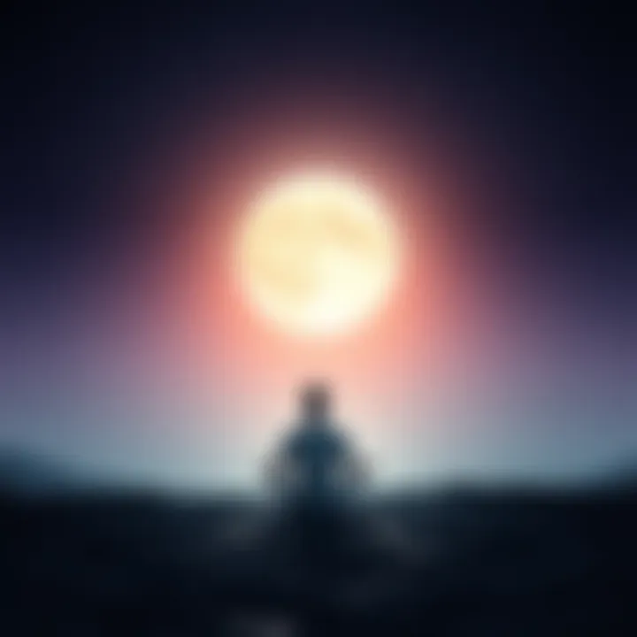 A tranquil scene with a person meditating under a bright full moon, surrounded by soft light and stars, representing peace and mindfulness.