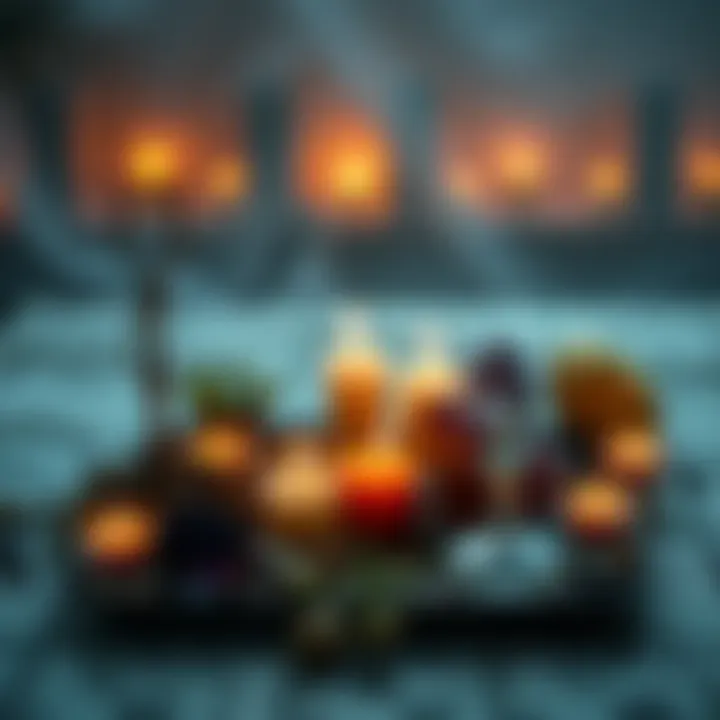 A serene setup with candles, crystals, and herbs arranged for a spell aimed at clearing unwanted thoughts.