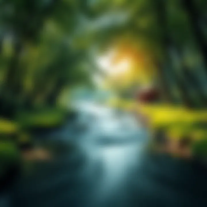 A serene landscape with a peaceful river flowing through green trees, symbolizing inner peace amidst chaos.