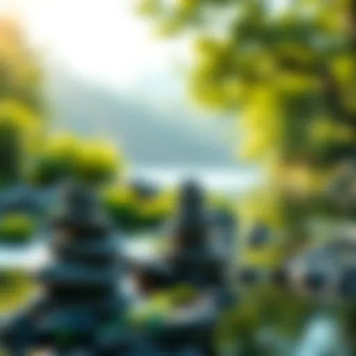 A serene setting featuring balanced stones on a riverbank surrounded by lush greenery, symbolizing peace and harmony.