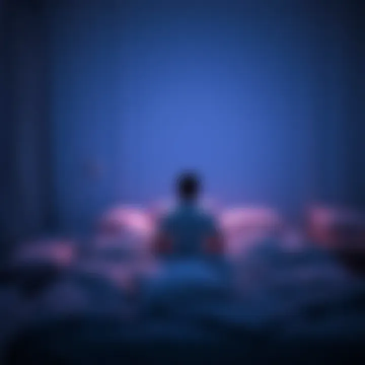 A person sitting cross-legged on a bed in a dimly lit room, surrounded by soft pillows and a serene atmosphere, listening to guided meditation for sleep