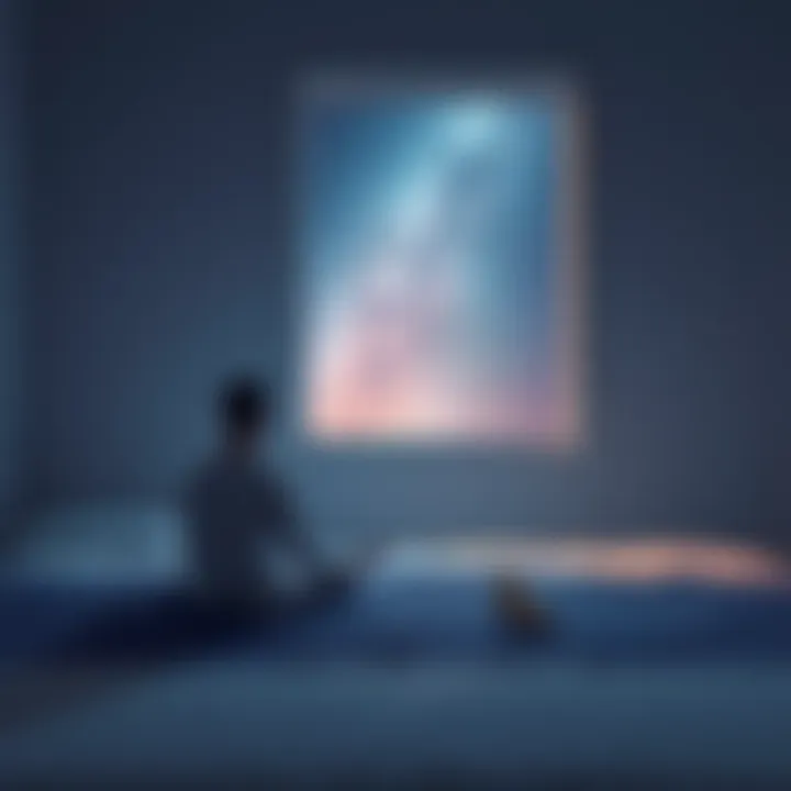 Calm night scene with a person meditating A person sitting cross-legged on a bed, hands on knees, meditating in a dimly lit room with soft colors and a window showing a starry sky