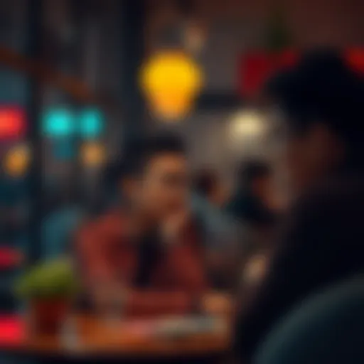 A calm person sitting in a cozy café, listening intently to a friend sharing thoughts, with a warm atmosphere around them.