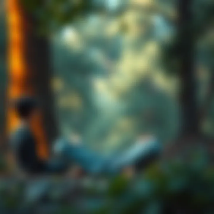 A serene individual sitting cross-legged, calmly reflecting on various emotions like annoyance and sadness, surrounded by nature.