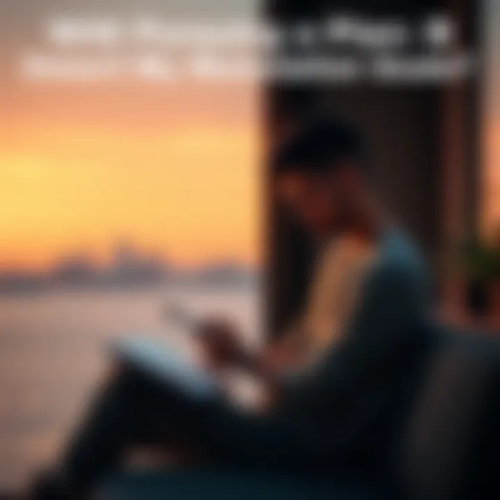 Person sitting calmly with a notebook, contemplating their manifestation goals and backup plans, in a serene environment