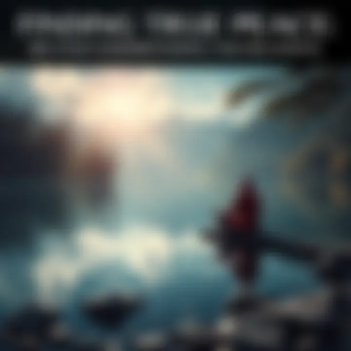 A serene person meditating by a tranquil lake, surrounded by nature, representing inner peace and self-discovery.