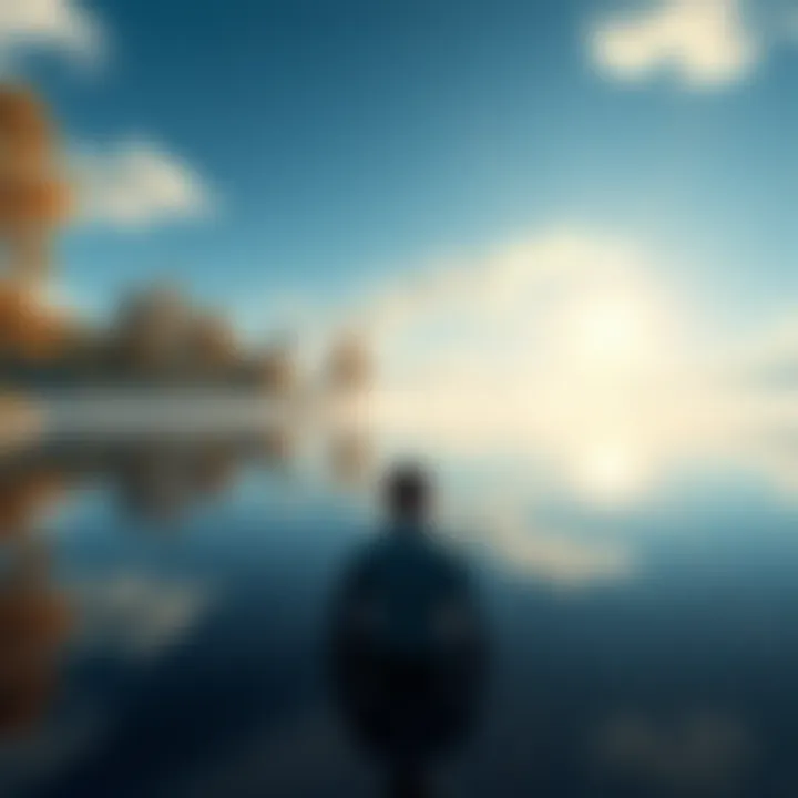 A peaceful scene with a person sitting by a tranquil lake, looking out at the water while surrounded by trees and soft sunlight, representing self-awareness and inner peace.