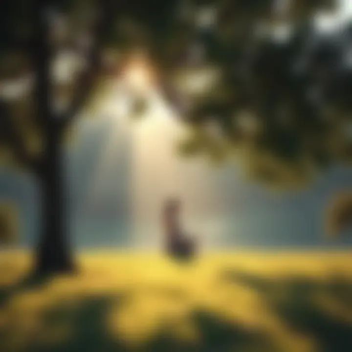 Calm Spiritual Scene A peaceful scene depicting a person meditating under a tree with soft sunlight filtering through the leaves, symbolizing acceptance and understanding in spiritual practice.