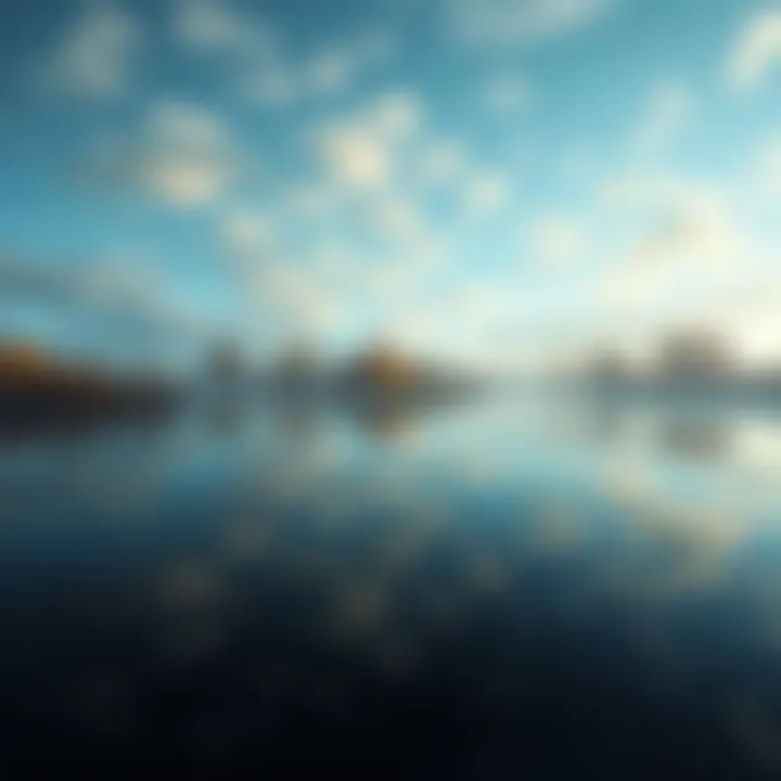 A serene body of water reflecting trees and sky, symbolizing dreams and memories.
