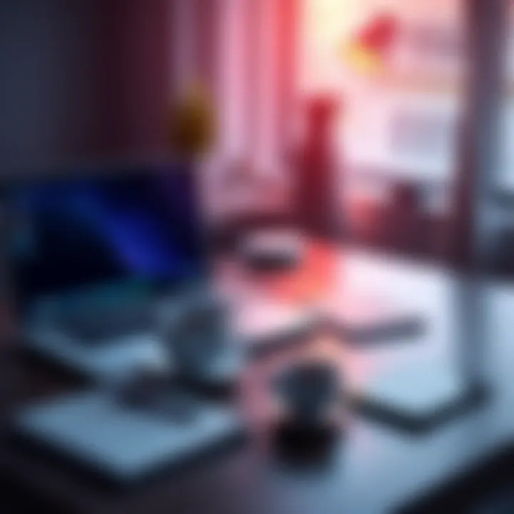 Calm Workspace during Busy Week A serene workspace with a laptop, notepad, and a cup of coffee, symbolizing balance during a busy work week.