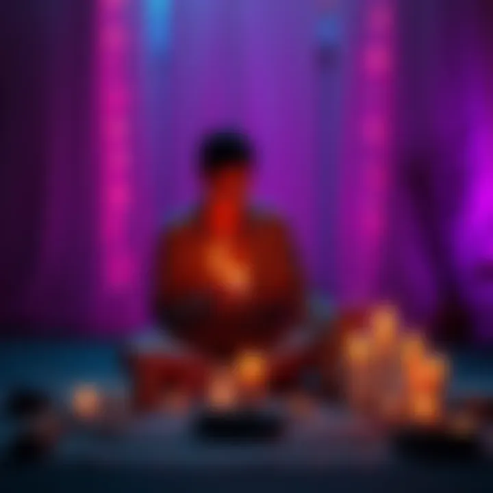 An individual sitting calmly with candles and crystals, practicing a ritual to release negative memories