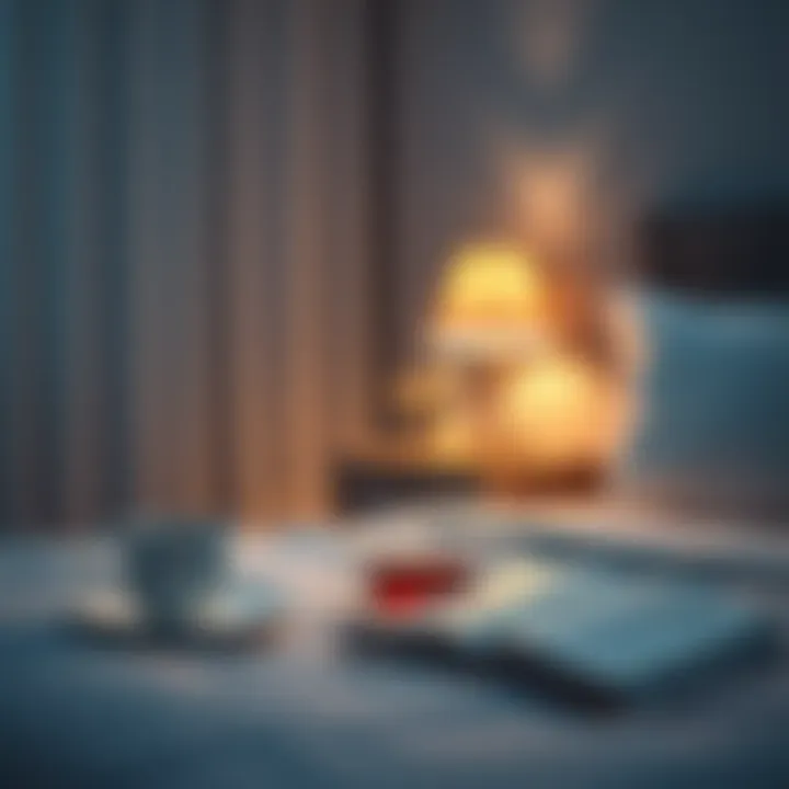 A peaceful bedroom setting with soft lighting, a cup of herbal tea, and a book on the nightstand, ready for a soothing bedtime routine.