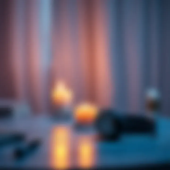 A peaceful setting with soft lighting, a candle, and headphones on a table, symbolizing relaxation and music inspired by Hecate.