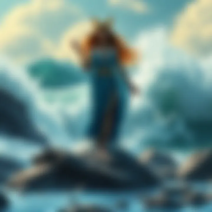 Calypso, the sea goddess, stands on a rocky shore with waves crashing around her, wearing a flowing blue gown and surrounded by marine symbols.