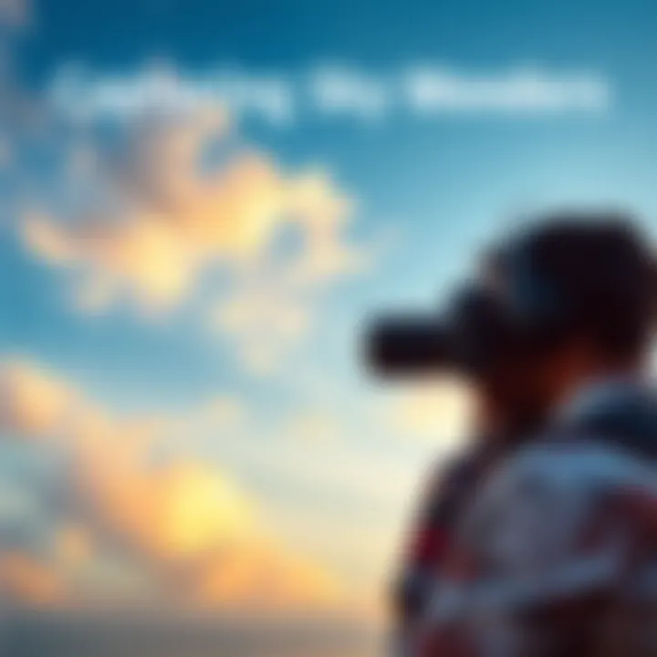 A photographer using a camera to take pictures of clouds and birds in the sky
