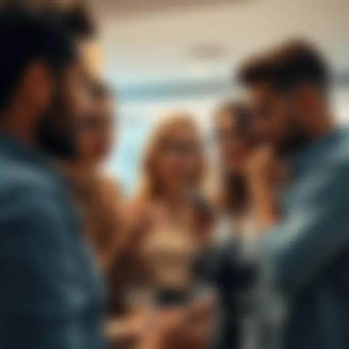 A group of people engaging in a lively discussion about a photo shared by a friend, with expressions of curiosity and thoughtfulness visible on their faces.