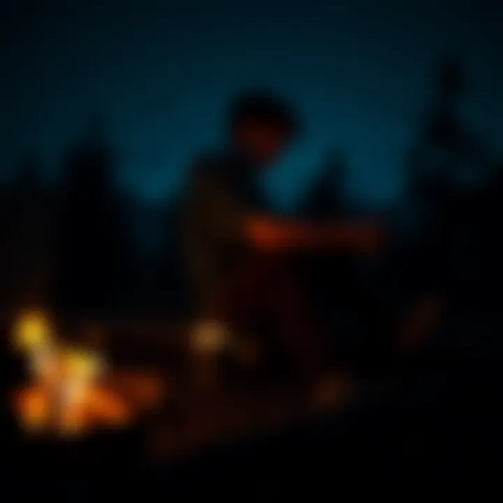 A camper sitting by a campfire at night, looking toward dark woods, with shadows and a hint of mysterious lights in the background.