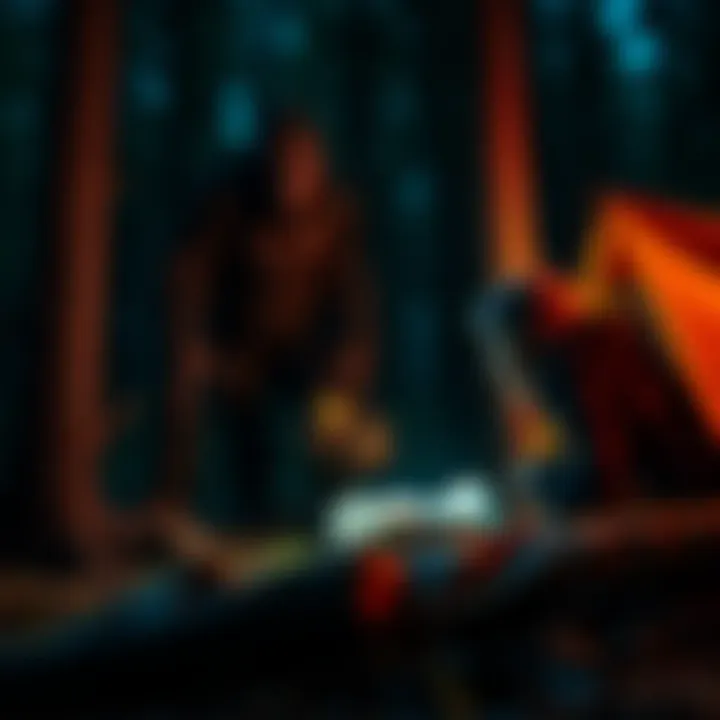 A camper looking startled at a large, shadowy figure rummaging through a food bag in the woods at night.