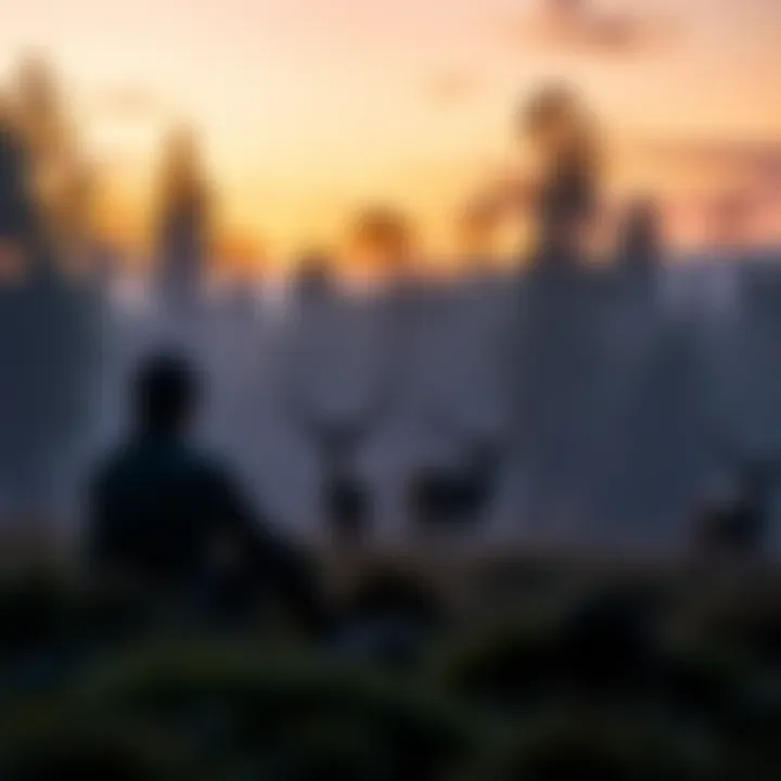 A camper quietly watches a group of wild deer in a forest clearing at dusk