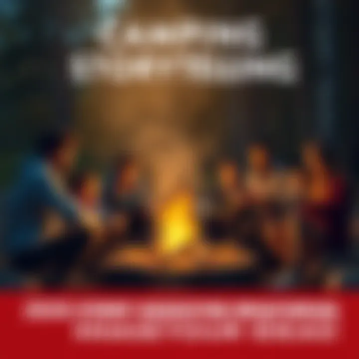 A group of people gathered around a campfire sharing stories, with warm light illuminating their faces and a cozy atmosphere.