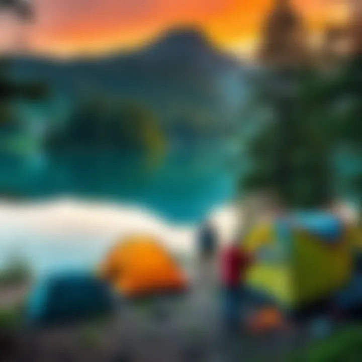 Camping at Land Between The Lakes People setting up tents at a campsite surrounded by trees and a beautiful lake
