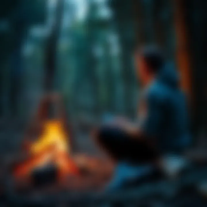 A person sitting by a campfire, using an SB7-T spirit box as a radio while camping in the woods.