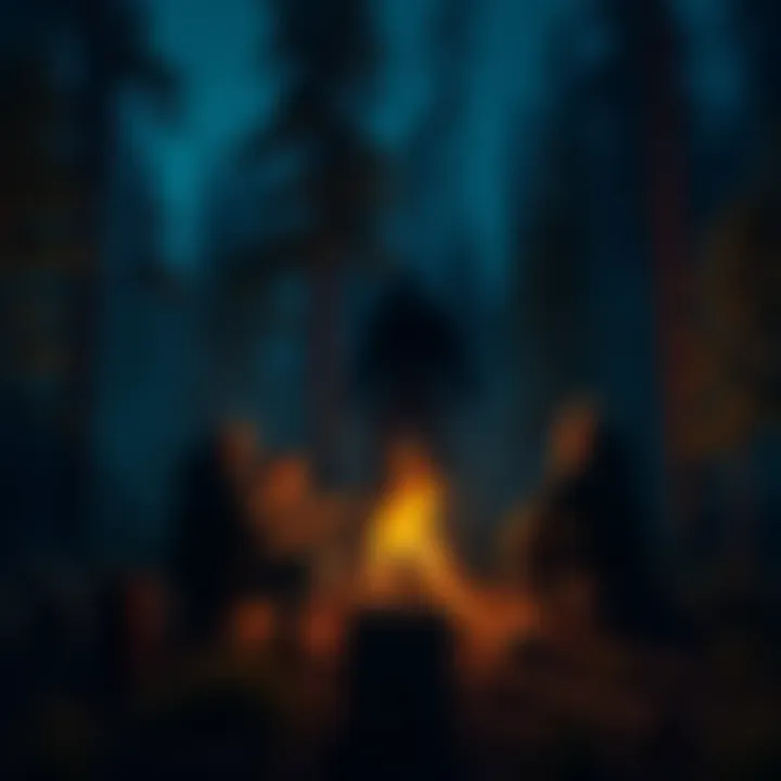 A campfire surrounded by people sharing stories at night in a forest, with a dark silhouette of a Bigfoot in the background.