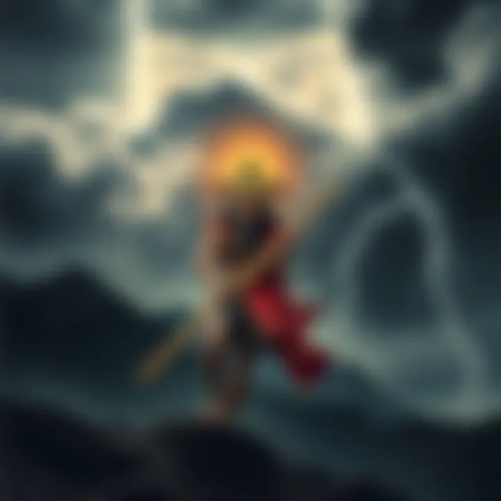 An artistic depiction of the ancient Canaanite God Yahweh, shown as a powerful storm deity, with dark clouds and lightning above a mountainous landscape.