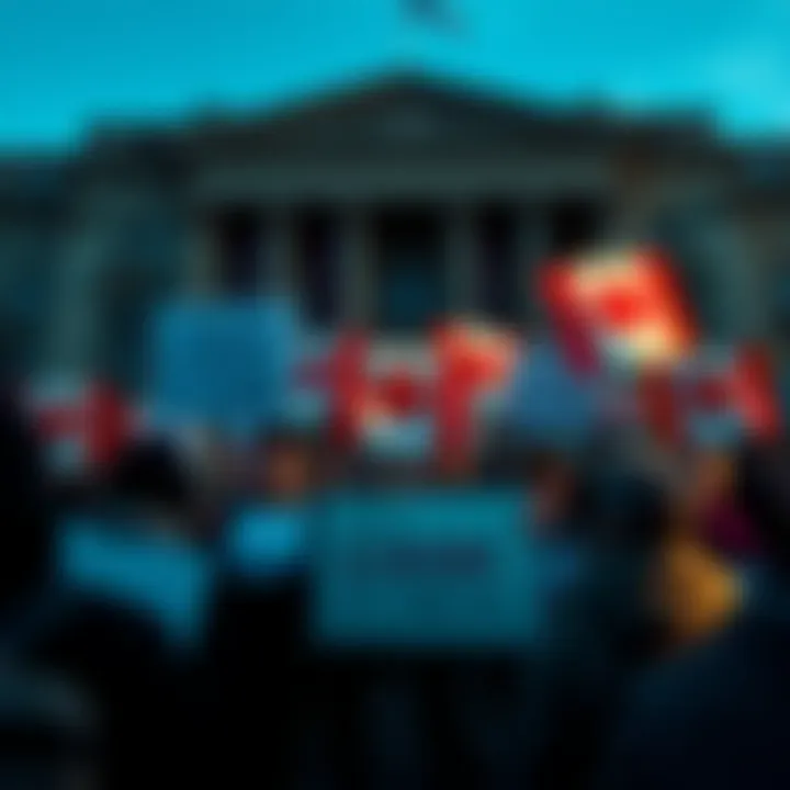 A group of people holding signs calling for justice in front of a government building, highlighting the Carney scandal issues.