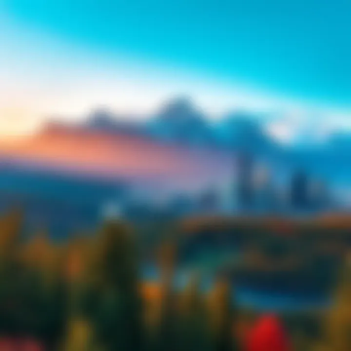 A beautiful view of a Canadian landscape featuring mountains, forests, and a vibrant city skyline, showcasing the blend of nature and culture in Canada.