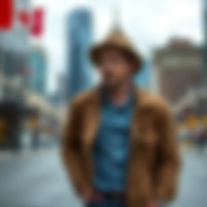 A Canadian man dressed in hipster clothing with a vintage style, standing against a backdrop of a cityscape, looking curiously at the camera.