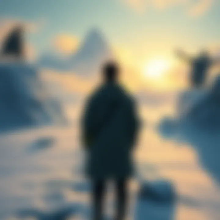 A person standing in a snowy landscape contemplating their faith, surrounded by symbols of Greek and Norse mythology.